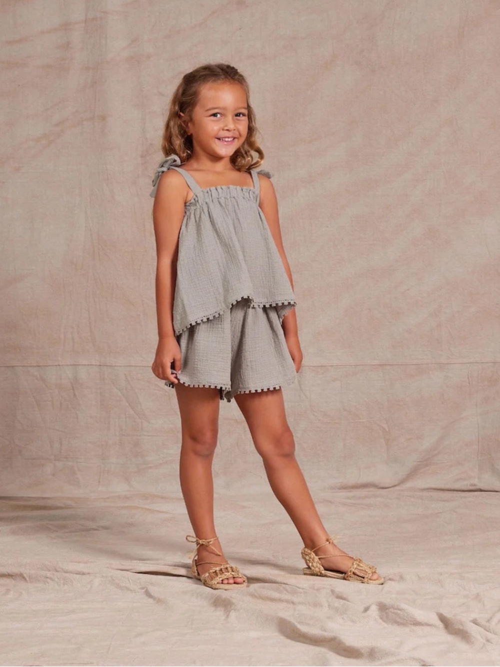 Rylee + Cru “Remi” Olive green cotton Gauze Tie-Shoulder Shorts 2pc Set 4-5 girl